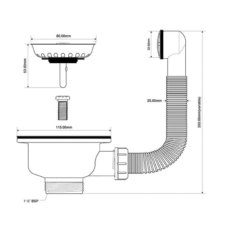 Слив для мойки McAlpine 1 1/2" х 113 мм с круглым переливом