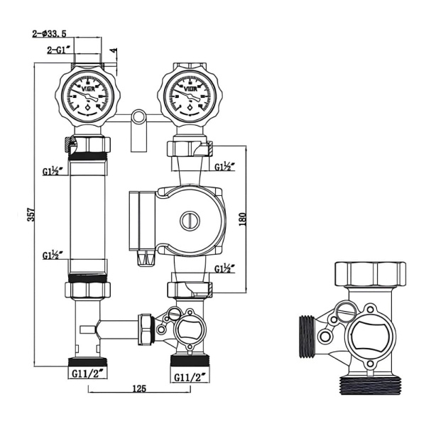 Универсальная насосная группа с трехходовым смесительным клапаном (без насоса) VIEIR