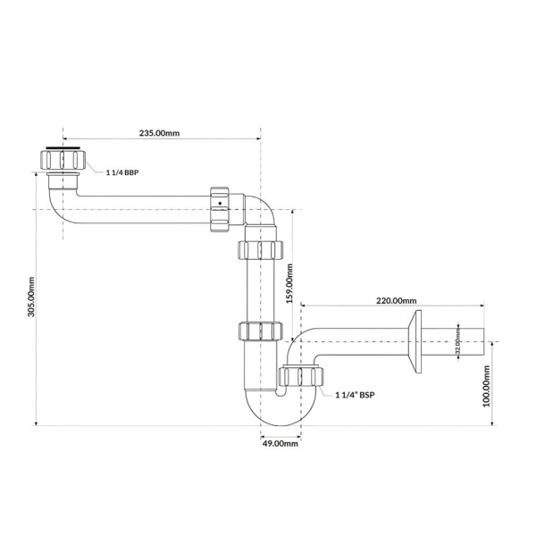 Сифон пристенный для умывальника 1 1/4" х 32 мм McALPINE