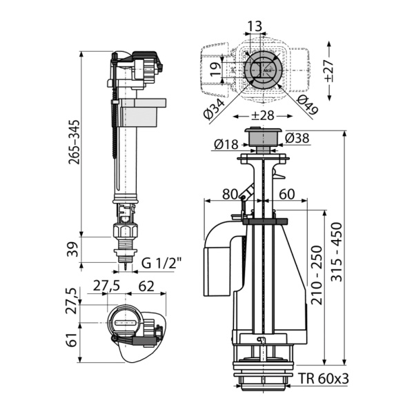 Выпускной комплект нижний Alcaplast SA08ASK 1/2" CHROM KERAM-BL-01 с двойной кнопкой и металлической резьбой