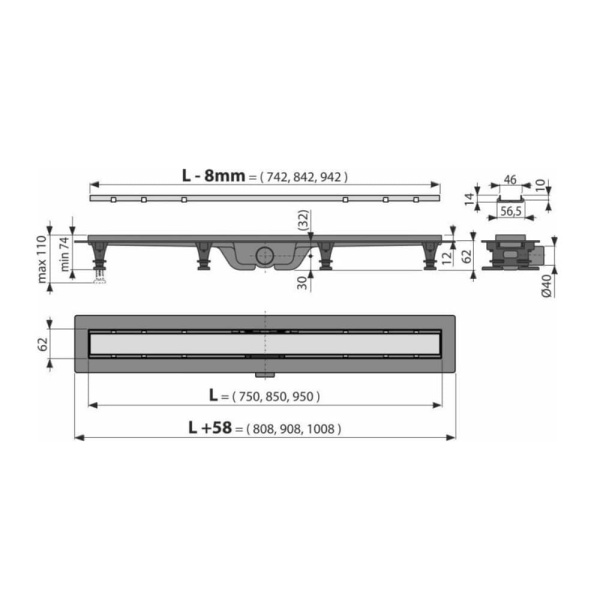 Трап для душа с двойной решеткой (цельнометаллическая + под плитку) 950 мм Alcaplast APZ19