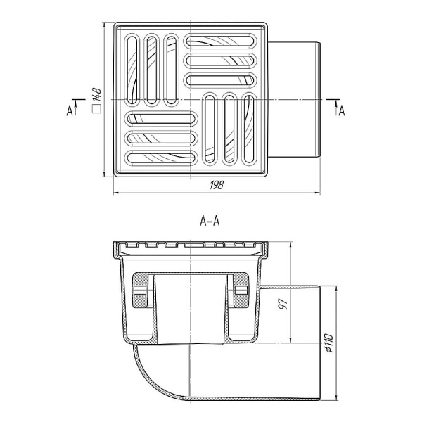 Трап для душа нерегулируемый горизонтальный АНИПласт ТQ1112 DN110 с "сухим" затвором и решеткой 150х150 из нержавеющей стали