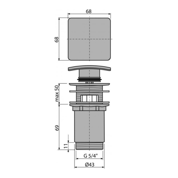 Донный клапан для умывальника CLICK-CLAK 1 1/4" с квадратной заглушкой Alcaplast A393 Донный клапан для умывальника CLICK-CLAK 1 1/4" с квадратной заглушкой Alcaplast A393