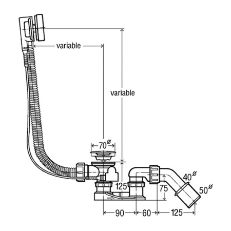 Сифон для ванны полуавтомат с переливом 560 х 52 х 40/50 мм Viega