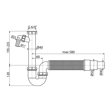 Сифон для мойки  Alcaplast A83-DN50/40 с накидной гайкой 6/4" со штуцером и гофрой