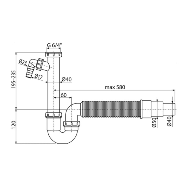 Сифон для мойки  Alcaplast A83-DN50/40 с накидной гайкой 6/4" со штуцером и гофрой