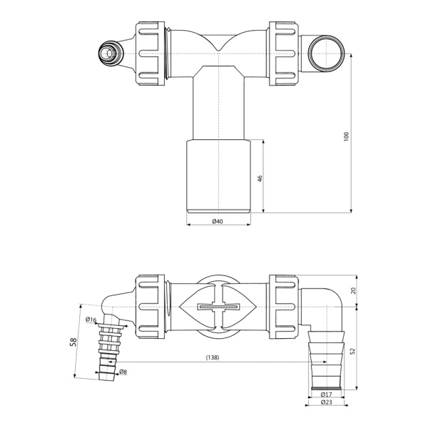 Колено с двумя штуцерами DN 40/32 / 8-23 с обратными клапанами Alcaplast P156Z Колено с двумя штуцерами DN 40/32 / 8-23 с обратными клапанами Alcaplast P156Z