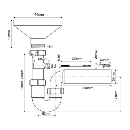 Сифон для разрыва потока 1 1/2" - 40/50 мм Р-образный с универсальной трубкой McALPINE