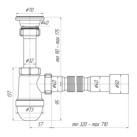 Сифон для умывальника 1 1/2" х 40 с гибкой трубой 40x40/50 Ани Пласт C0115