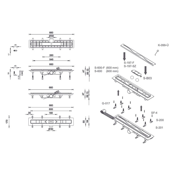Трап для душа STYRON с черной решеткой "Line", 600 мм