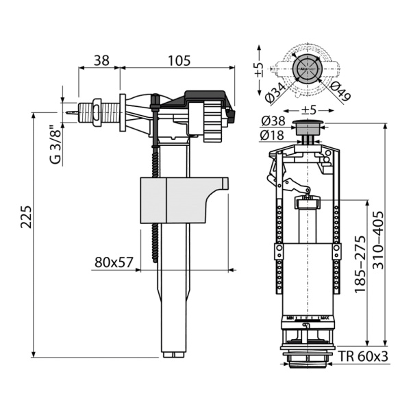 Выпускной комплект боковой Alcaplast SA2000K 3/8" CHROM со стоп кнопкой и металлической резьбой