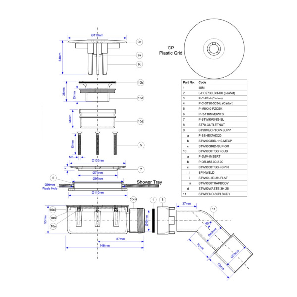 Сифон для душевого поддона хром McALPINE MRS10MEC с "грибком" (дизайн "Мерседес") 90 мм