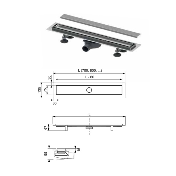 Трап для душа TECElinus 700мм, комплект 2 в 1, с решеткой арт. 15103070