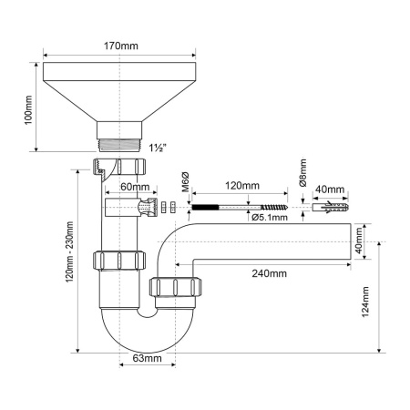 Сифон для разрыва струи 1 1/2" - 40 мм Р-образный с горизонтальной трубкой McALPINE