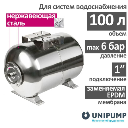Гидроаккумулятор UNIPUMP (100 л., нерж. сталь) горизонтальный
